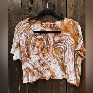 Velvet Muddy Tie Dye Brown Orange Waffle Style Short Sleeve Cropped Tee Shirt